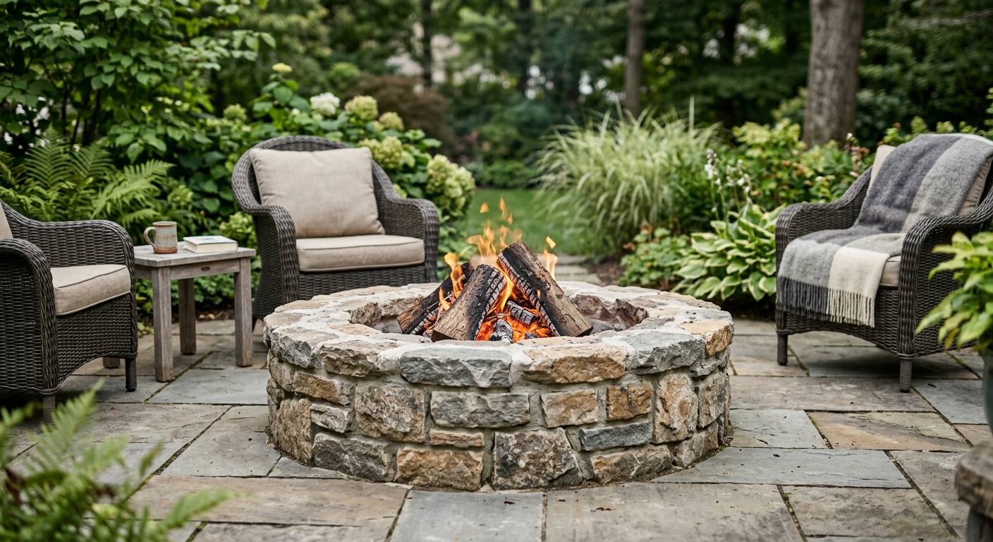 Stone wall backyard fire pit