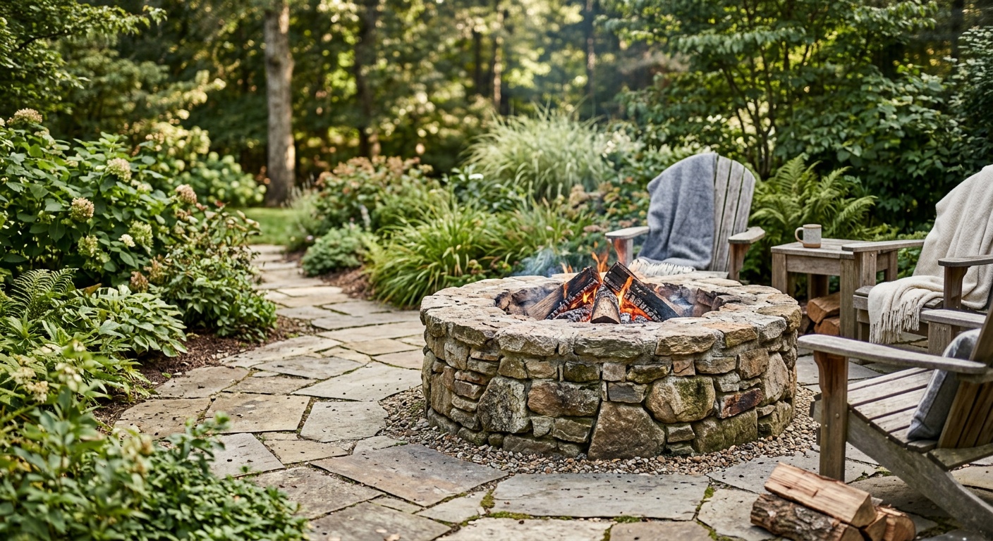 Stone wall backyard fire pit
